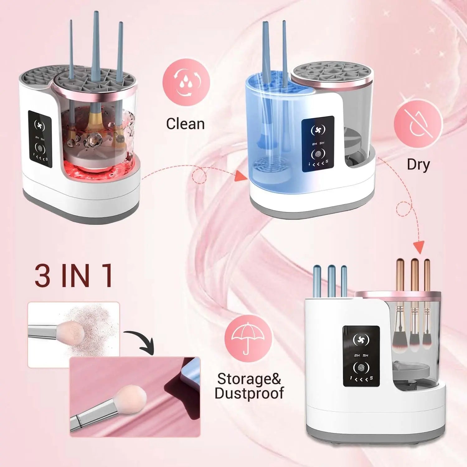 3 in 1 Electric Makeup Brush Cleaner and 1Pc Silicone Makeup Brush Cleaning Bowl Scrubber, Dryer Automatic USB Cosmetic Brush Cleaner with Holder, Portable USB Deep Cleaning for All Size Beauty Makeup Brush Set, Blush Brush, Sponges