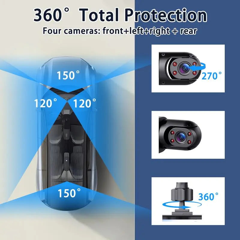 WHATOOK 4-Channel Car DVR Camera（Not Wireless) , 1080P Dash Cam with 64GB Memory Card, HD Screen for Front, Rear, Left and Right Coverage