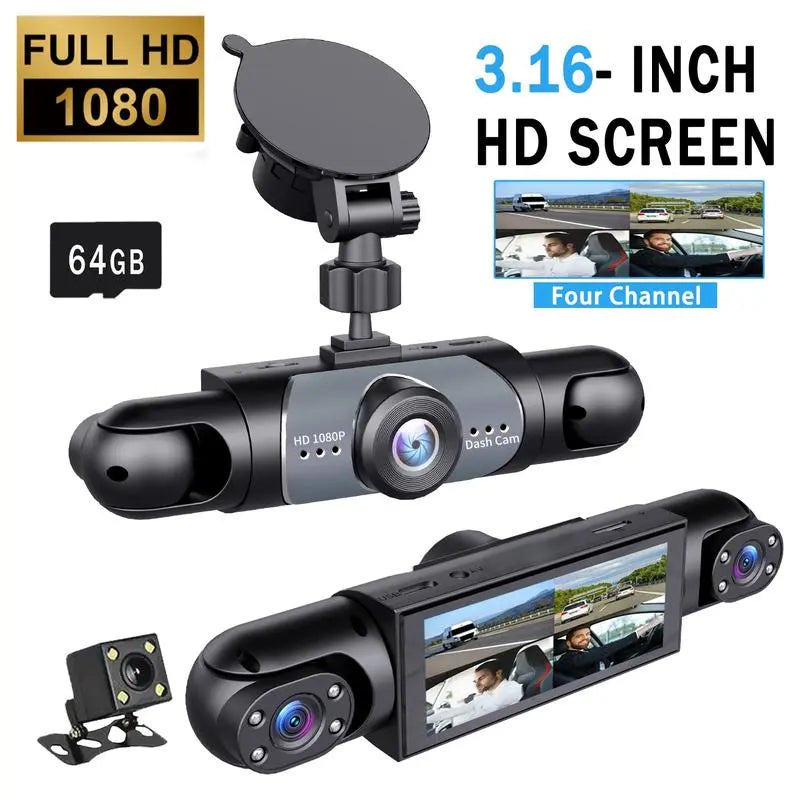 WHATOOK 4-Channel Car DVR Camera（Not Wireless) , 1080P Dash Cam with 64GB Memory Card, HD Screen for Front, Rear, Left and Right Coverage