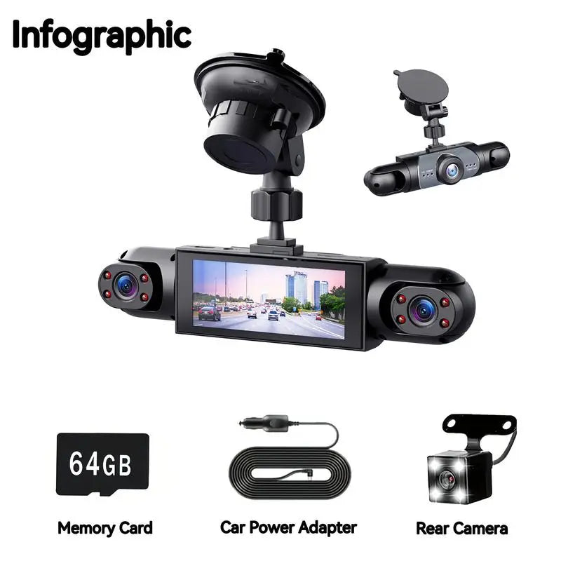 WHATOOK 4-Channel Car DVR Camera（Not Wireless) , 1080P Dash Cam with 64GB Memory Card, HD Screen for Front, Rear, Left and Right Coverage